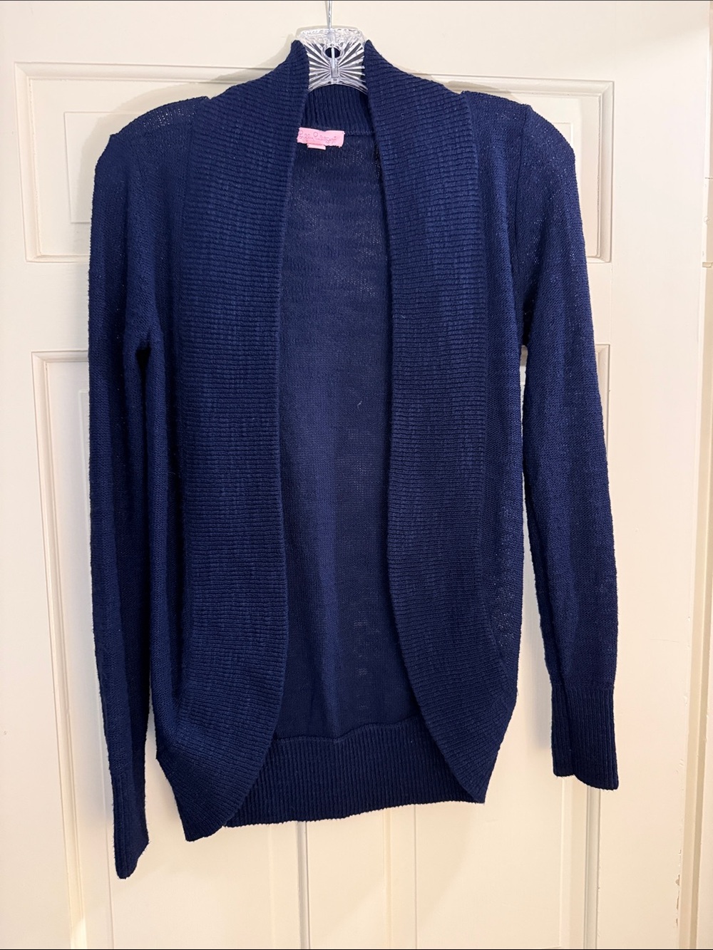 Lilly Pulitzer Amelie open front cardigan in true navy ribbed shell collar small